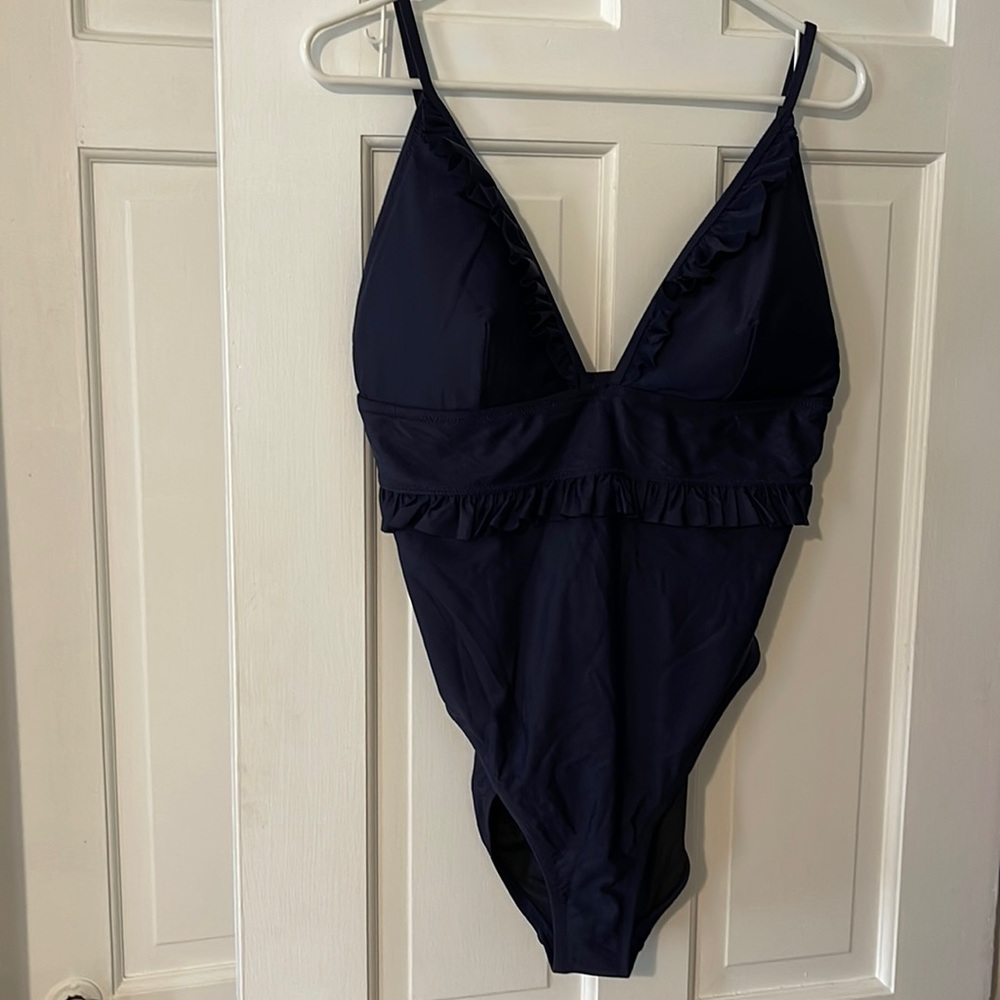 J. Crew Navy Blue Ruffle Plunge One-piece. Adjustable straps. Size 14. NWT!